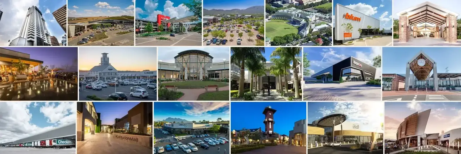 Collage of shopping centres, offices and commercial buildings delivered by MDSA